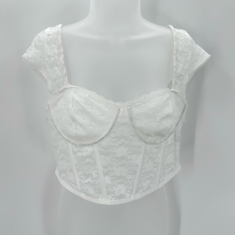 Faded Rose Top  Corset Bustier XL Womens White Cropped Lace Top Coquette -spot